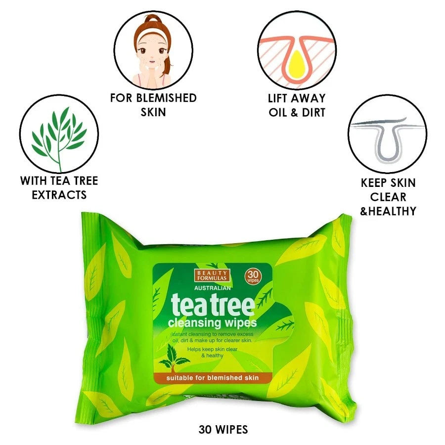 Beauty Formulas Australian Tea Tree Cleansing Wipes – 30 Wipes | Deep Clean
